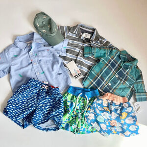 7 Pcs Boy Set Janie & Jack Floatimini etc Shirts, Swim Shorts, Hat Size 6-12 Mos
